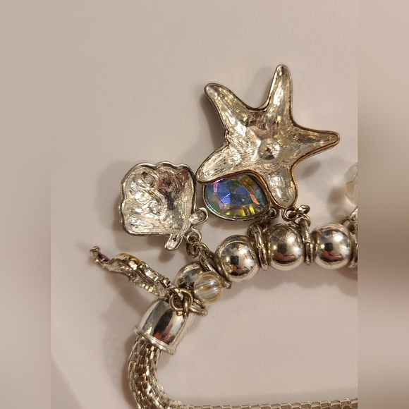 Sea ocean charm bracelet AB crystal starfish seahorse shells mesh stretch silver - Picture 11 of 11